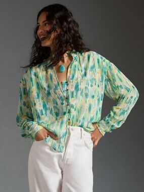 Pilcro Tavi Buttoned Blouse Abstract Print Sheer XS Cottagecore Boho Flowy